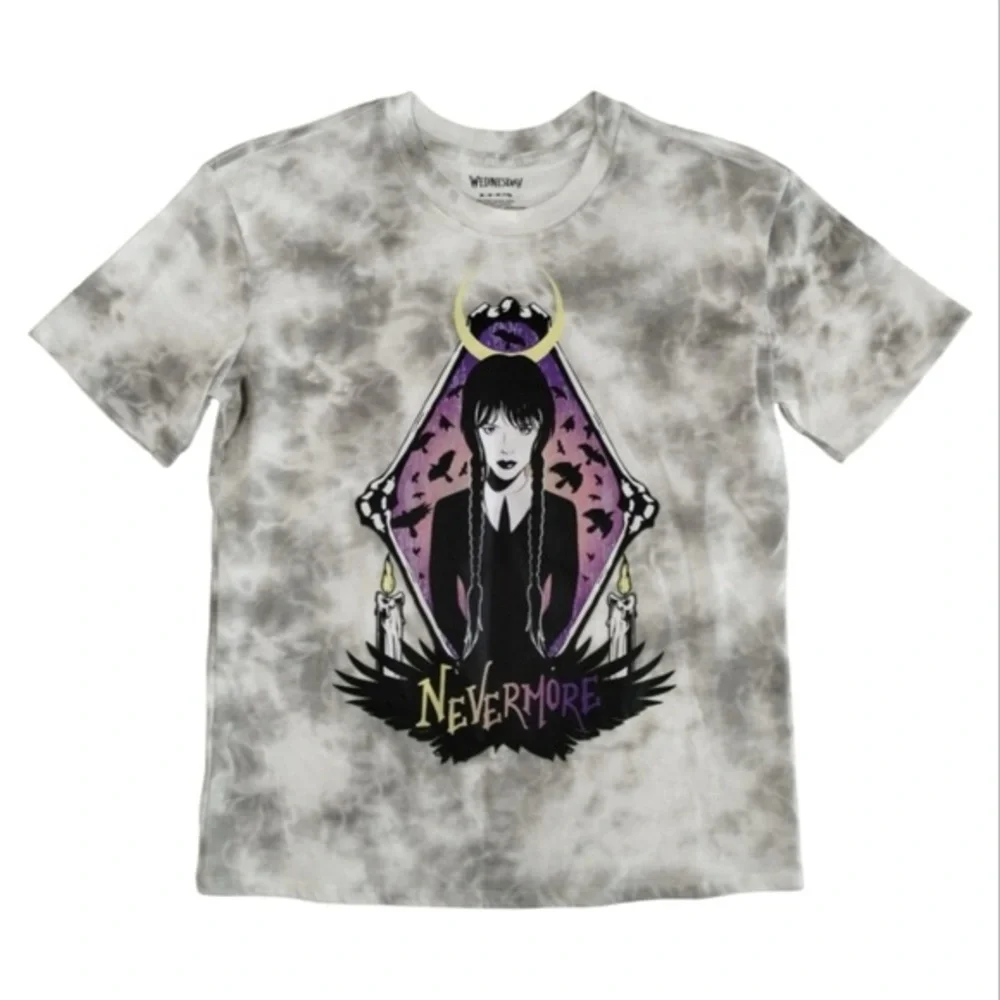 Wednesday Addams Nevermore Juniors T-Shirt Grey Tie Dye